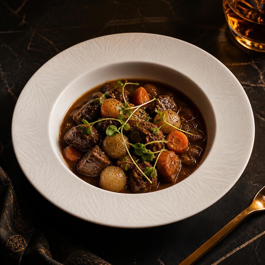 Slow braised stew with microgreens in a white bowl
